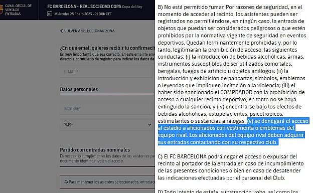 Captura de pantalla de las condiciones de compra de entradas en la página web del FC Barcelona.