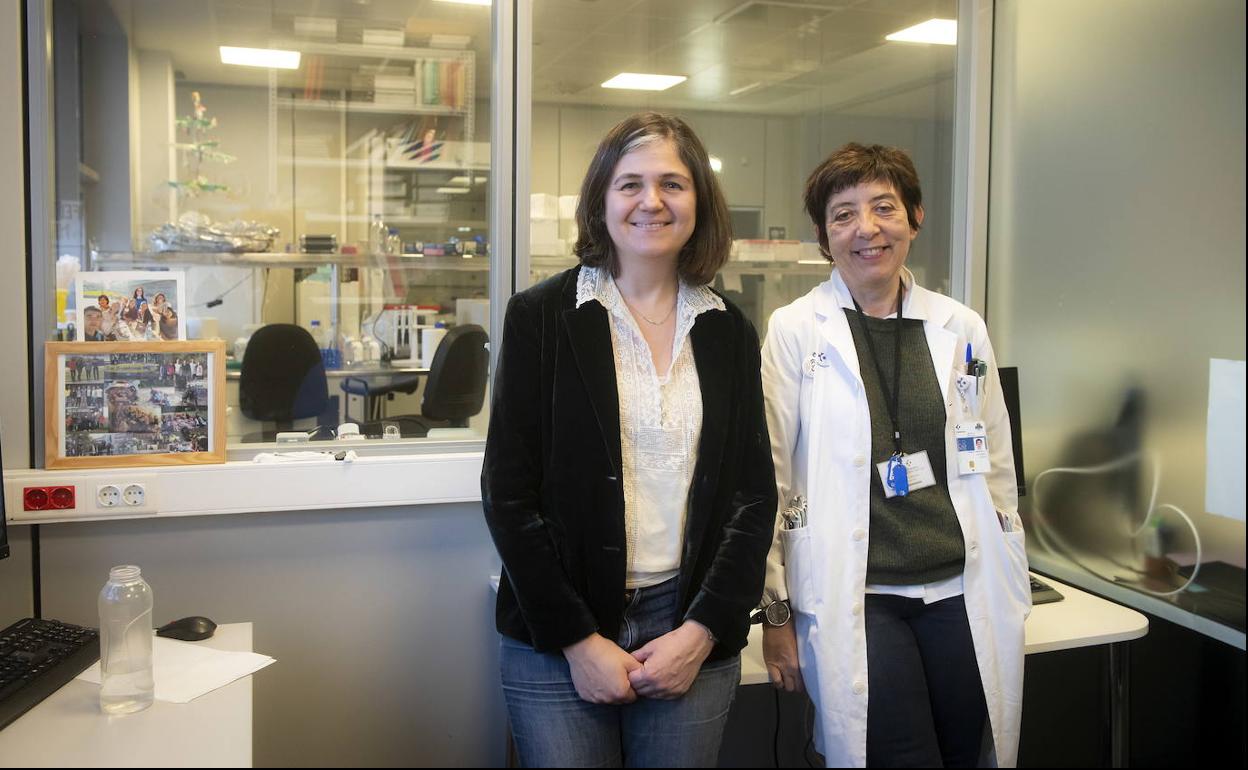 Isabel Álvarez y María Muñoz Caffarel, en el laboratorio que el grupo de cáncer de mama de Biodonostia tiene en Onkologikoa.
