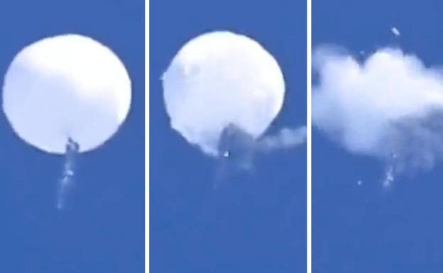 The images show the moment when the Chinese balloon is shot down