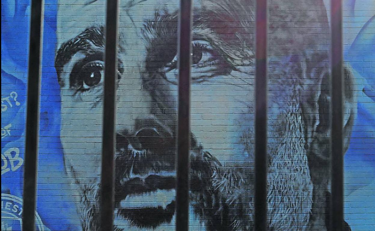 Un mural de Guardiola en Mánchester simula al catalán entre rejas tras las supuestas irregularidades del City.