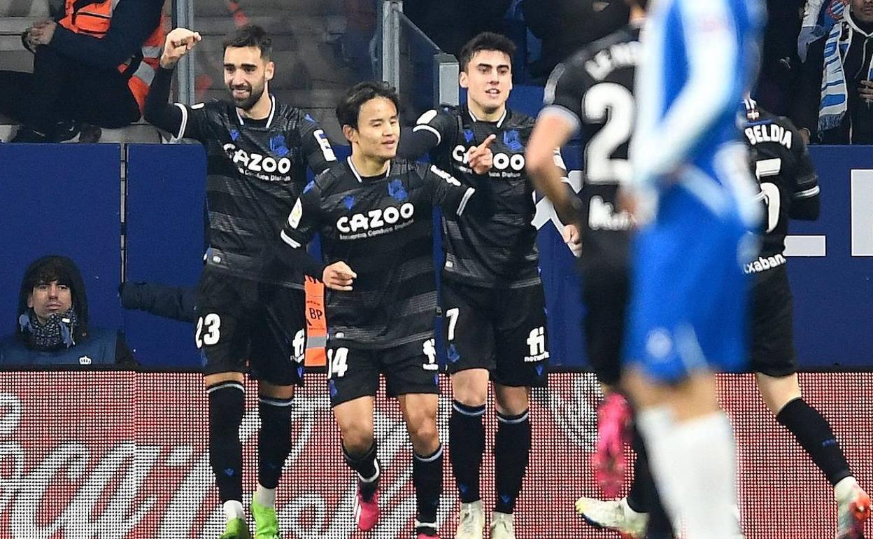 Take kubo celebra su gol ante el Espanyol. 