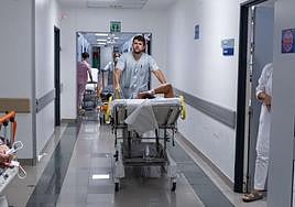 Un celador traslada a a un paciente en camilla dentro de las Urgencias del Hospital Universitario Donostia.