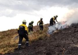 Bomberos trabajando en una quema controlada para limpiar la maleza en el monte.