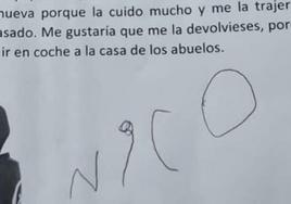 Escrito en el que Nico pedía la devolución de su sillita de coche.