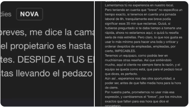 Mensaje del cliente y respuesta del propietario del Café a Tres Bandas.