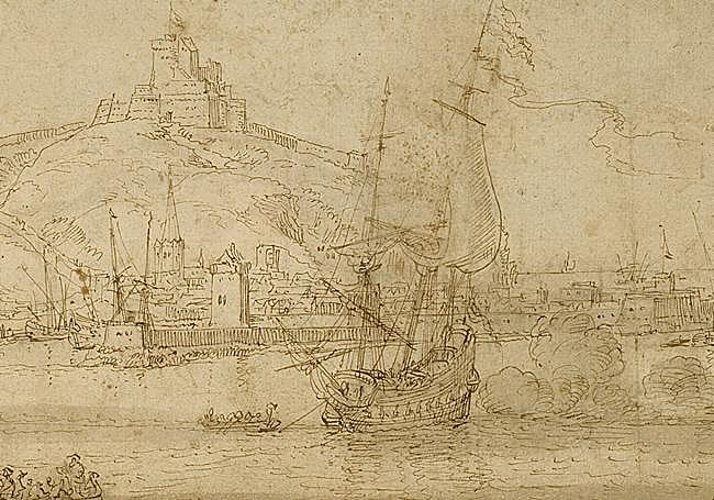 Detalle de un galeón disparando salvas en la bahía de la Concha, dibujo de Buenaventura Peeters (c. 1630)