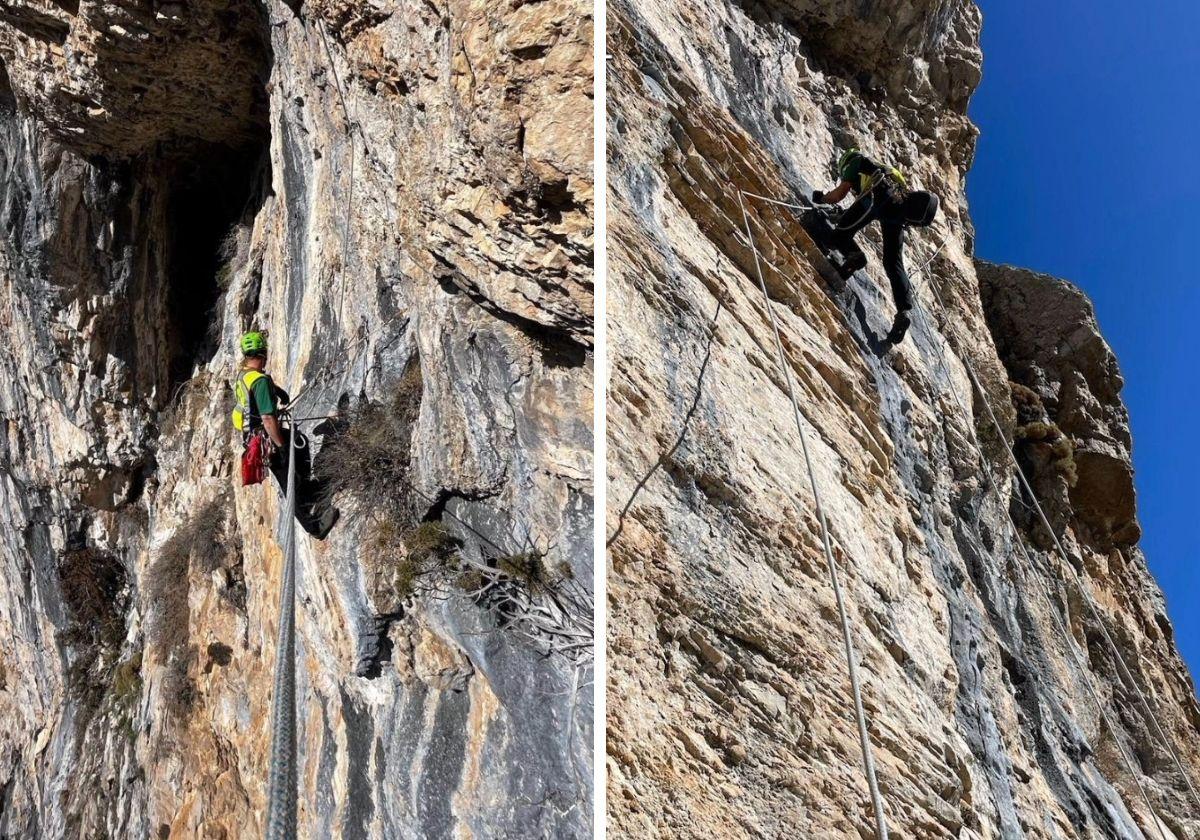 Varios agentes rapelan una pared para rescatar un huevo de quebrantahuesos