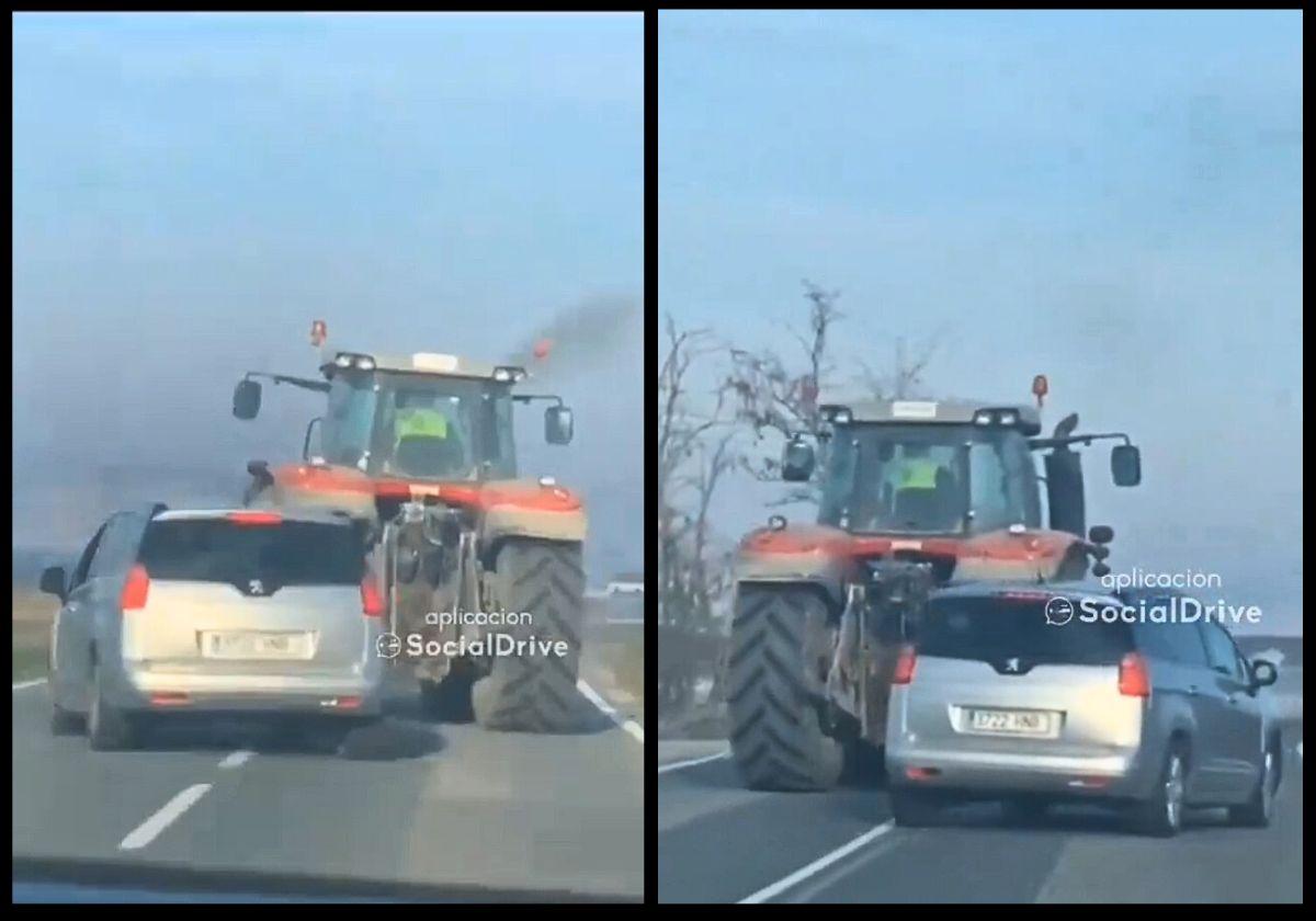 Dos capturas del vídeo en las que se ve cómo el coche intenta adelantar al camión