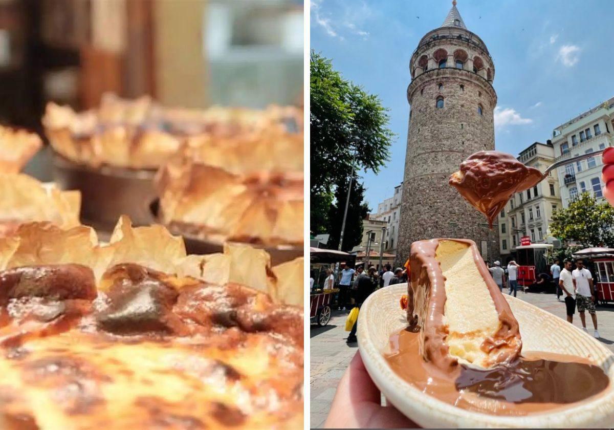 Tartas de queso expuestas en el restaurante La Viña de San Sebastián y un cliente frente a la Torre Galata de Estambul con una porción del postre donostiarra.