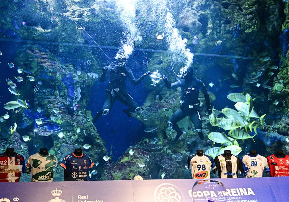 Dos submarinistas 'rescatan' la copa entre los peces, en la presentación de este martes de la Copa en el Aquarium de Donostia.