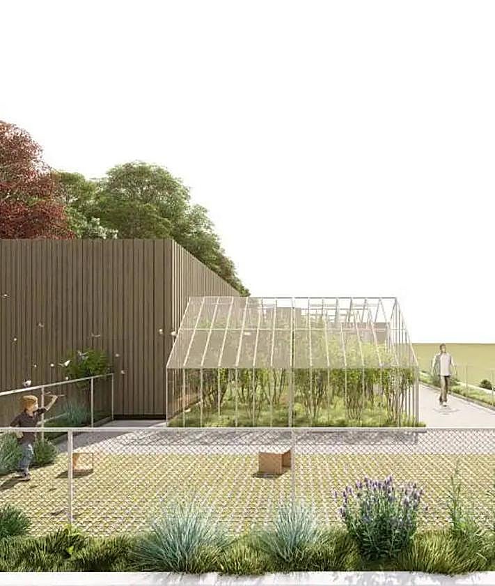 Imagen secundaria 2 - Fotomontajes de diferentes dependencias exteriores e interiores del edificio ya rehabilitado, que contará con terraza en la cubierta, biblioteca, zona de exposiciones y un espacio escénico divisible con camerinos.