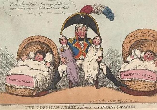 Napoleón acuna a la Familia Real española prometiendo devolverles sus coronas. Grabado satírico británico por Thomas Rowlandson y George Murgatroyd Woodward.