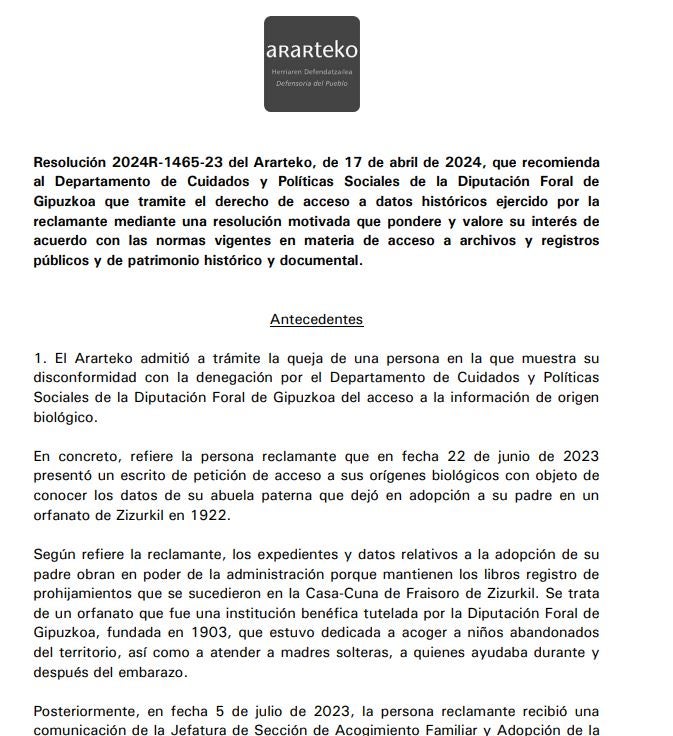 Imagen de la resolución publicada en la web del Ararteko.