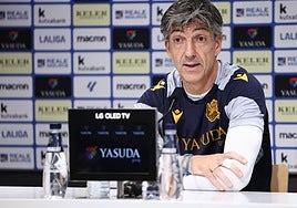 Imanol Alguacil este sábado en la sala de prensa de Zubieta.