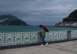 Un donostiarra refugiándose bajo el paraguas en el paseo de La Concha.