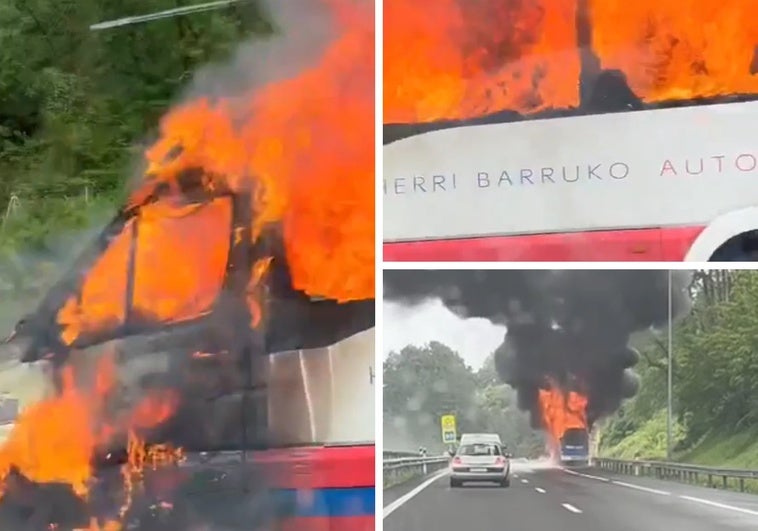 Imágenes del minibús ardiendo en la AP-8 a la altura de Mendaro.