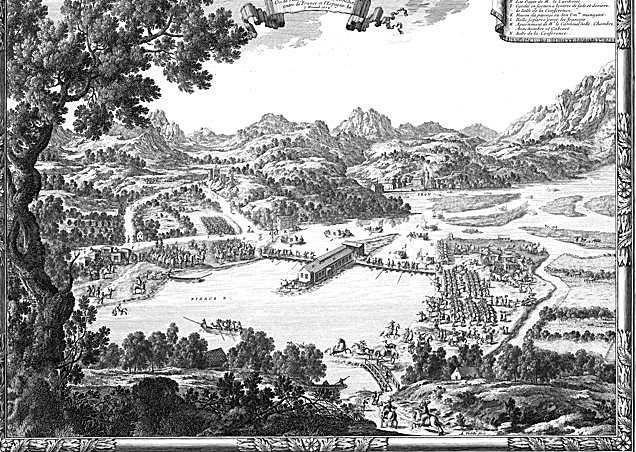 Firma del Tratado de los Pirineos en la Isla de los Faisanes en 1659.