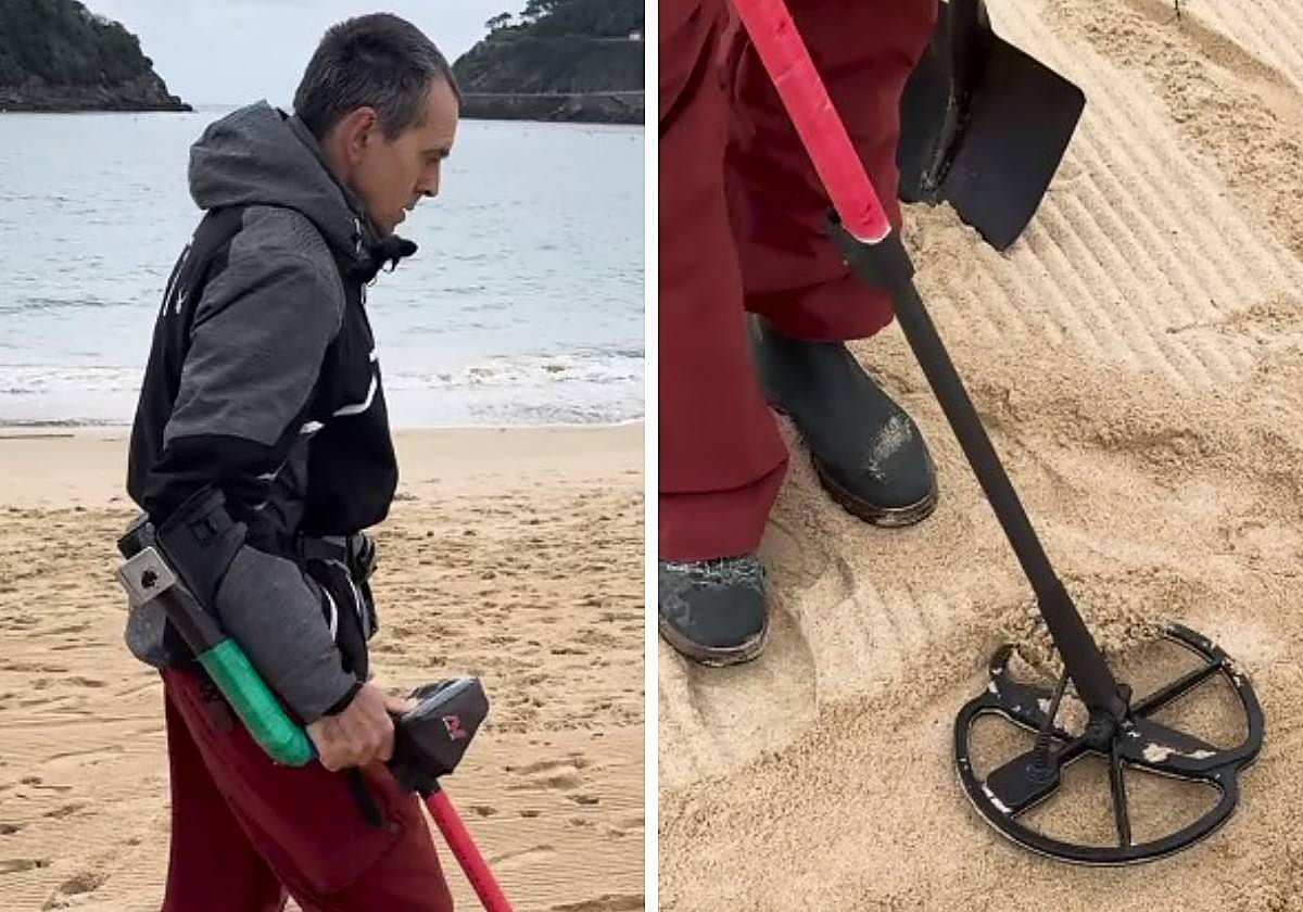 Alberto, el hombre que recorre la playa de Ondarreta con un detector de metales.