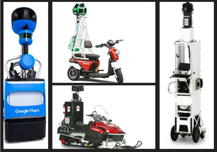 De izquierda a derecha, el sistema de cámaras Trekker sobre una mochila, la moto de tres ruedas para calles estrechas, la moto de nieve que se usa en estaciones de esquí, y el carrito que se utiliza en interiores de museos, estadios y lugares especiales como la Casa Blanca.