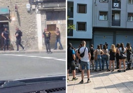 Varios miembros de Desokupa que acudieron a expulsar a una persona de una vivienda en Soraluze y, a la derecha, la respuesta ciudadana.