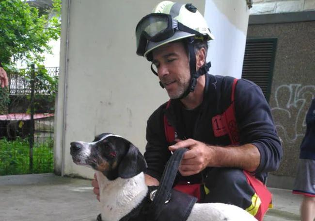 Momento en que los rescatadores llegaron hasta el dueño del perro y su animal, que aguardaban sujetos en una zona escarpada.