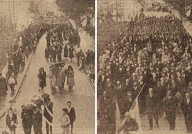 El traslado de los féretros del cementerio de Zestoa a Zumaia. A la derecha, la comitiva oficial durante el funeral en la localidad natal de las víctimas.