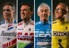 Indurain (Banesto), Mauleón (Clas), Lejarreta (Seat Orbea) y Zülle (Once), han posado como modelos de los maillots clásicos de Etxeondo.