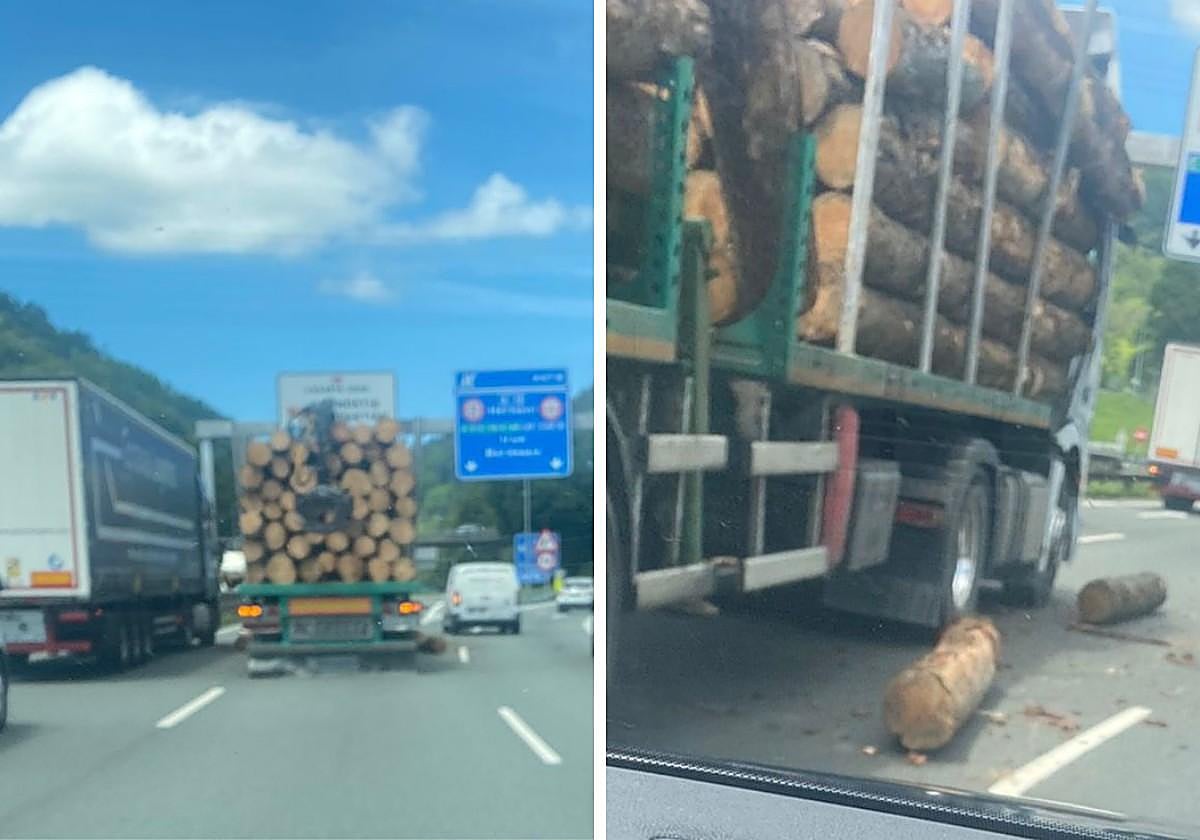El camión con troncos ha perdido parte de su carga.