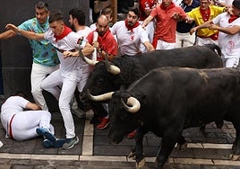 Los toros de la ganadería de Domingo Hernández Martín a su paso por la curva de Mercaderes en el quinto encierro de los Sanfermines