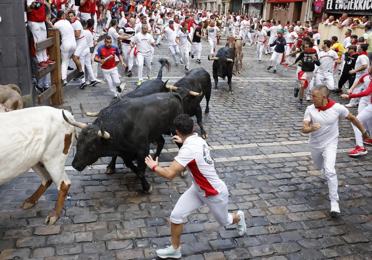 Los toros de Jandilla a su paso por Mercaderes donde ha resultado herido el joven de Orio