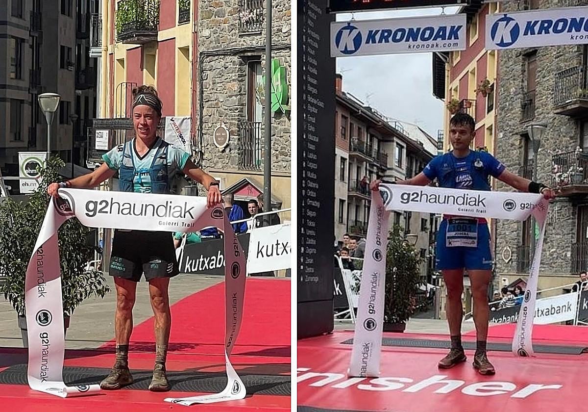 Mayi Mujika y Ioseba Eskudero tras superar la meta de la G2H en Beasain.