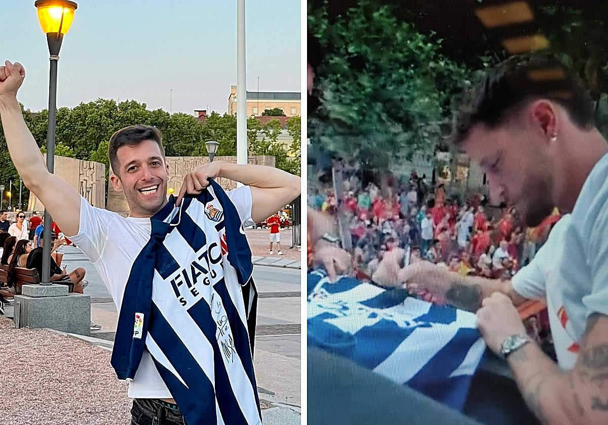 Mikel Oroz posa con la camiseta de la Real Sociedad firmada por los txuri-urdin en la celebración de la Eurocopa en Madrid.