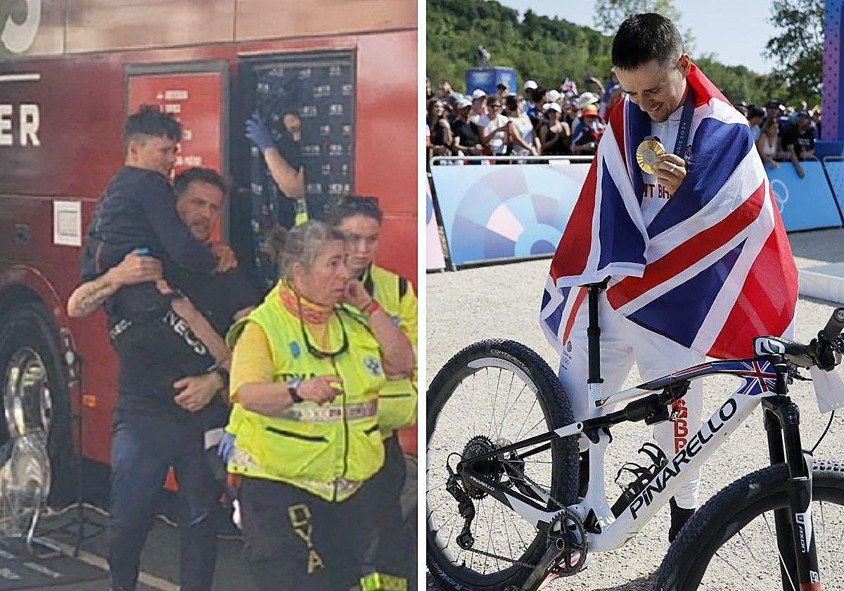 A la izquierda, Pidcock llevado en hombros tras su grave caída en la previa de la Itzulia. En la derecha, sujeta la medalla de oro en Mountain Bike.