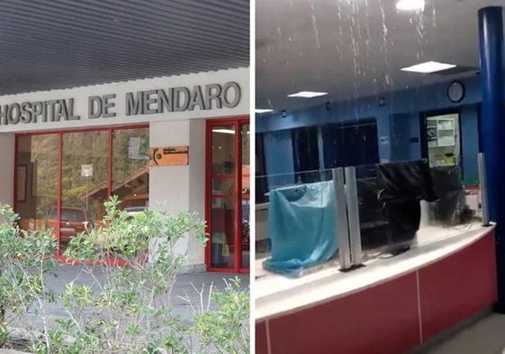 El hospital de Mendaro y a la derecha las cataratas de agua filtrada el pasado 29 de junio en la zona de urgencias.