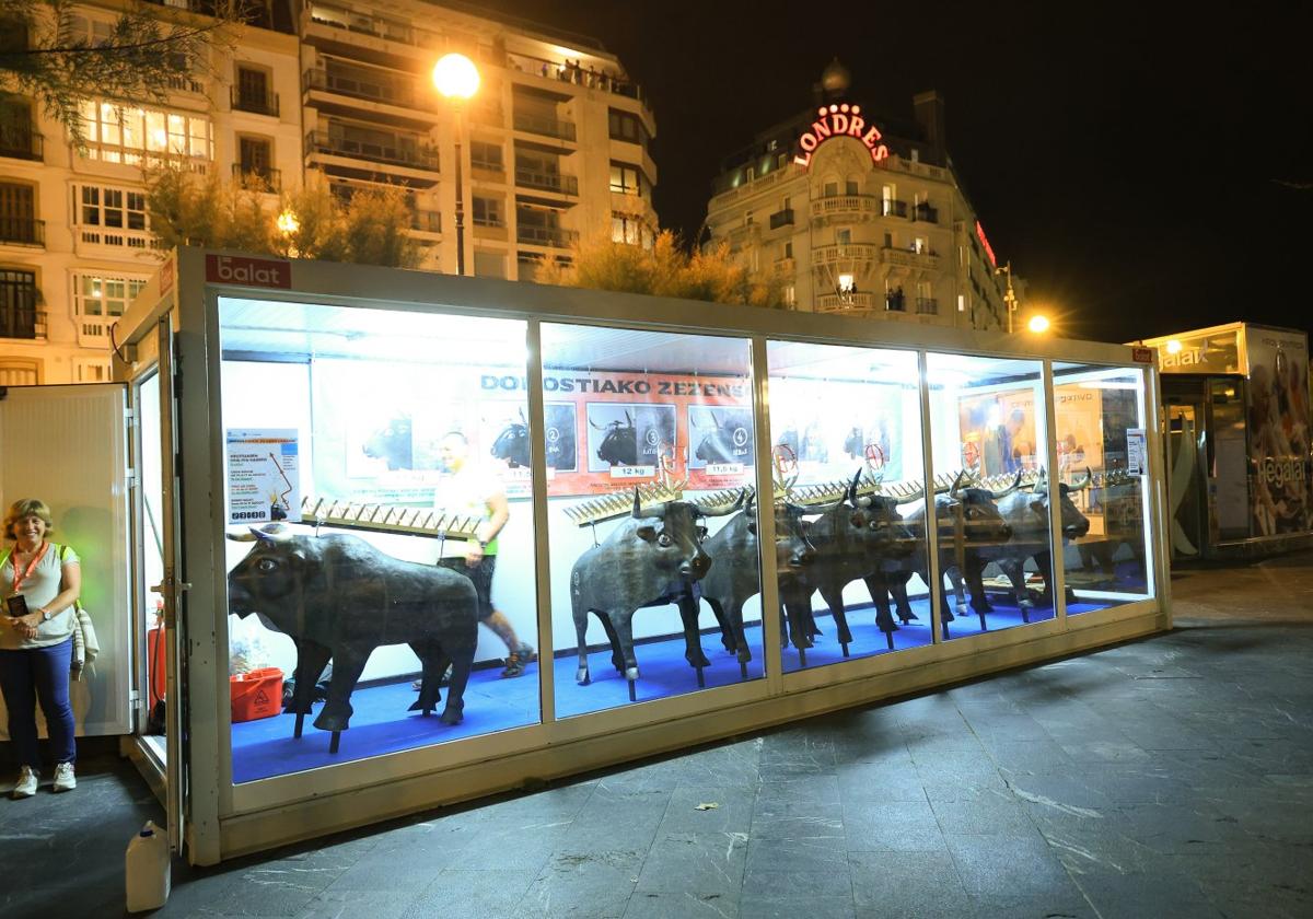 'Corrales'. Los toros 'duermen' en un escaparate que está en Alderdi Eder.