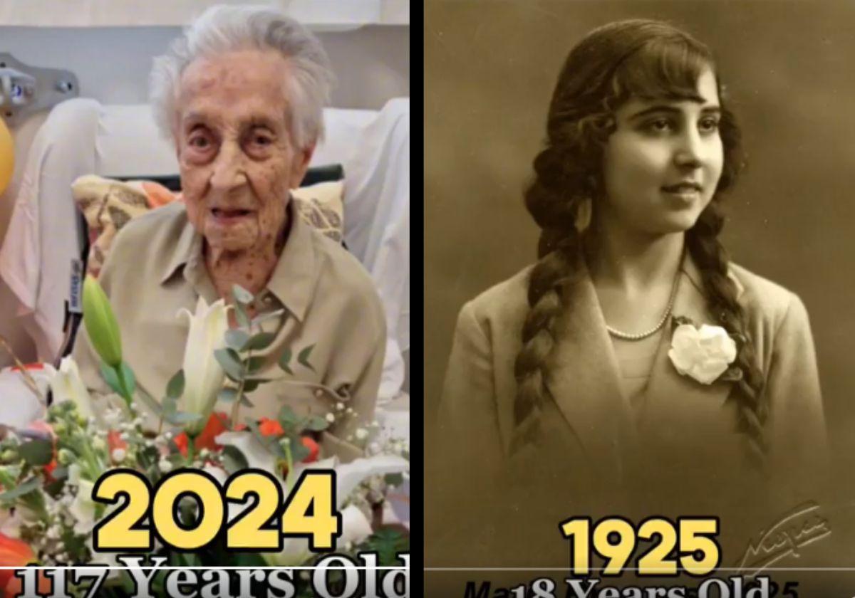 Dos imágenes de María Branyas, a los 117 años y a los 18.