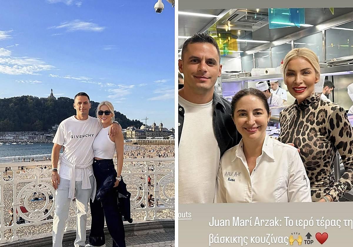 Katerina Kinourgiou y su pareja Panagiotis Koutsoubis, en la playa de la Concha y en la cocina del restaurante Arzak.