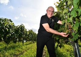 Jon Eizagirre junto a un racimo de uvas de los viñedos de la bodega Aitaren en Zestoa.