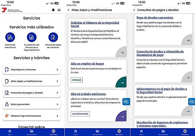 Servicios que ofrece la aplicación en su pantalla general.