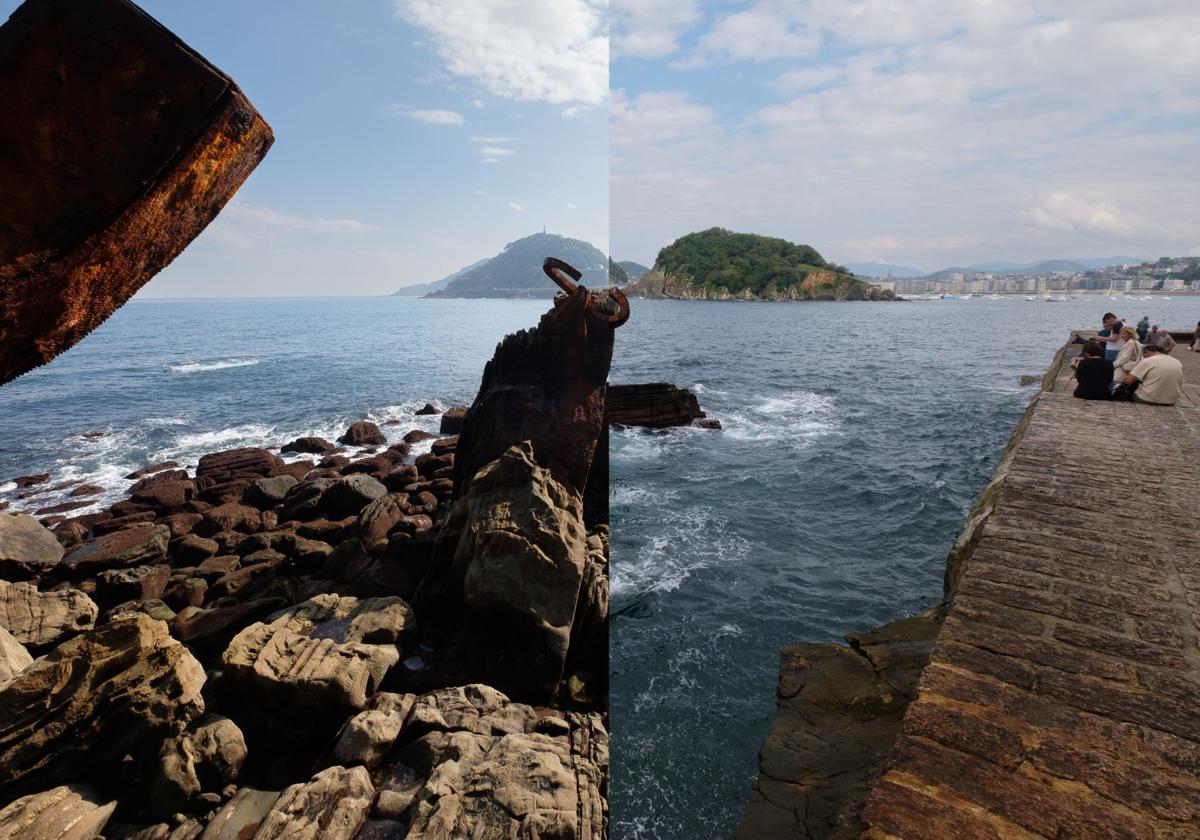 Comparación de la bajamar y la pleamar desde el Peine del Viento.