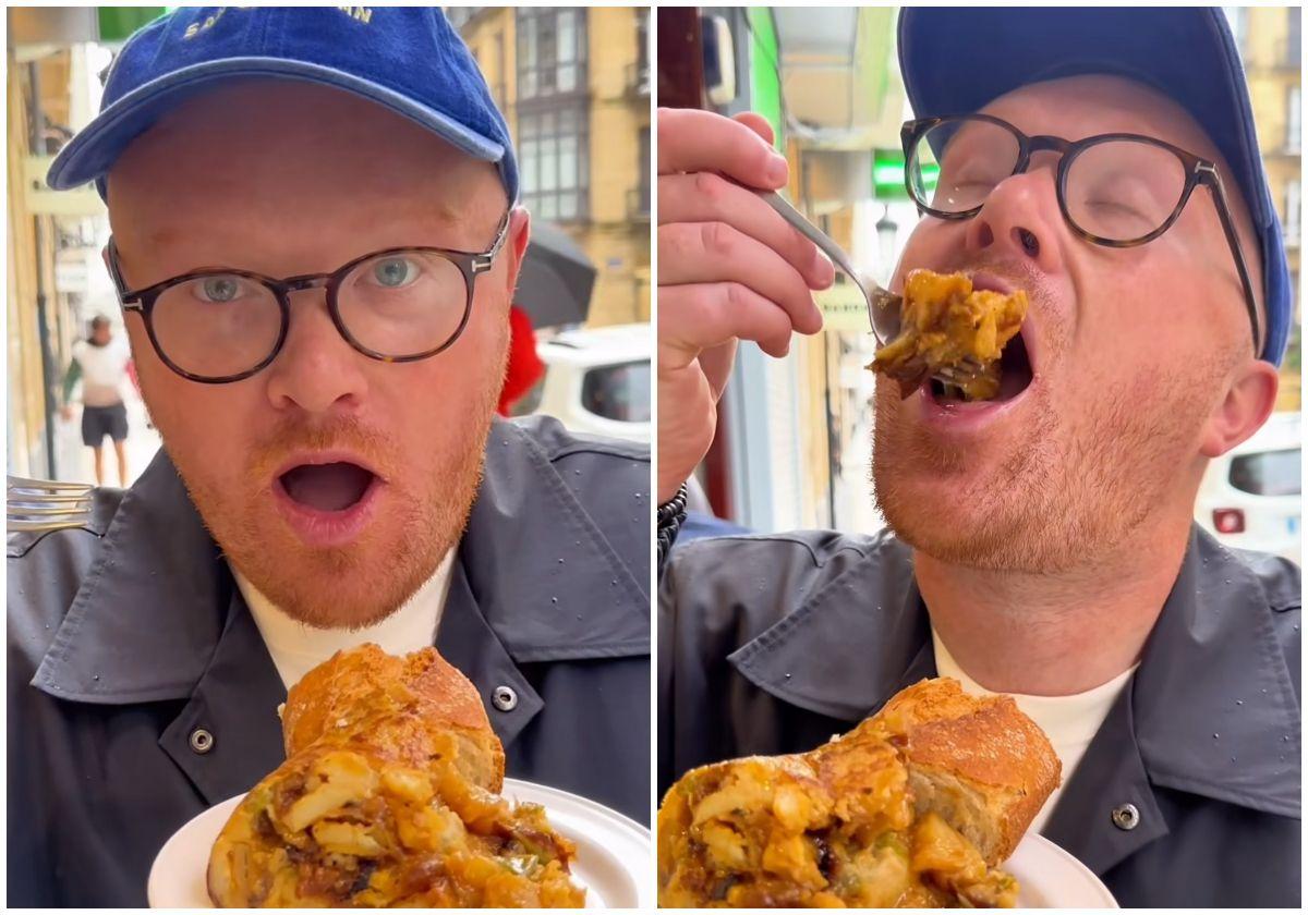 Toby Inskip prueba la tortilla de patata del bar Antonio en su visita a San Sebastián.