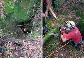 Un bombero accede al interior de la sima y el perro ya rescatado sano y salvo.