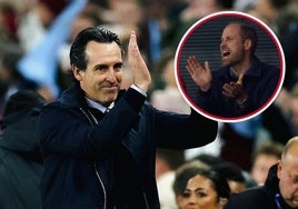 El entrenador hondarribitarra del Aston Villa, Unai Emery, y el príncipe Guillermo en Villa Park durante el encuentro contra el Bayern de Munich.