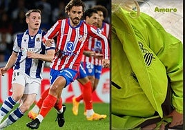 Antoine Griezmann durante el partido frente a la Real Sociedad y la imagen de su hijo Amaro con un chándal del club.