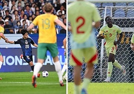 Kubo dispara rodeado de rivales ante Rumanía y Osazuwa recoge el balón tras su gol a Portugal