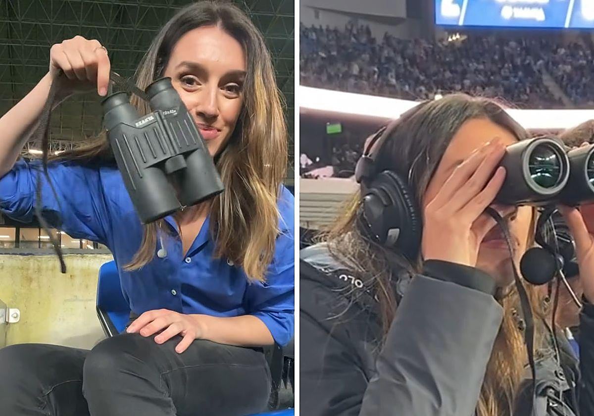 Leyre Barriocanal, reportera a pie de campo de Dazn, con prismáticos en el Reale Arena durante un partido de la Real Sociedad.