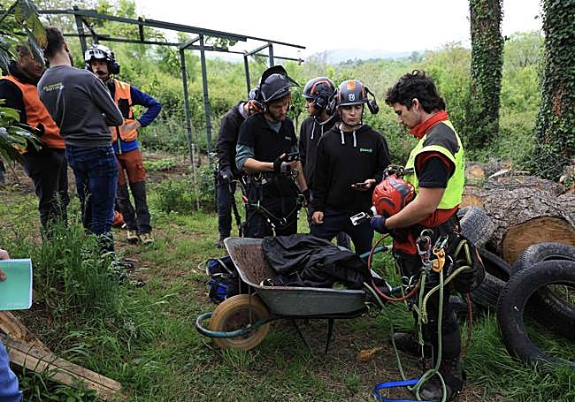 El helicóptero de carga traslada la parte del pino cortada por Manú Fohring.