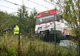 El tren de Cercanías, detenido en la zona de huertas de Astigarraga.