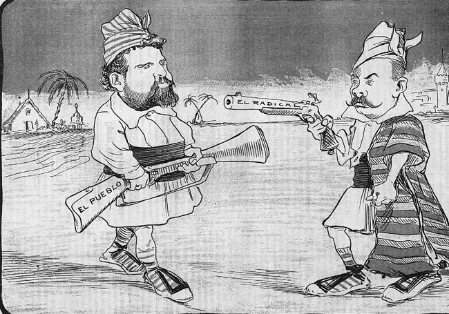 Caricatura satírica de 1903 sobre el duelo periodístico-pistolero entre Blasco Ibáñez (director de El Pueblo) y Soriano (director de El Radical).