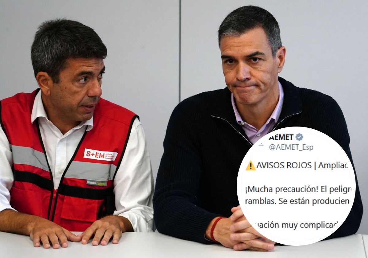 Carlos Mazón y Pedro Sánchez este jueves en Valencia. En detalle, uno de los tuits de alerta de Aemet en la mañana del martes.